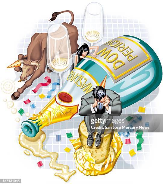 Col x 6.5 in / 146x165 mm / 497x562 pixels Steve Lopez color illustration of the aftermath of the dot-com boom; shows exhausted traders and a bull...
