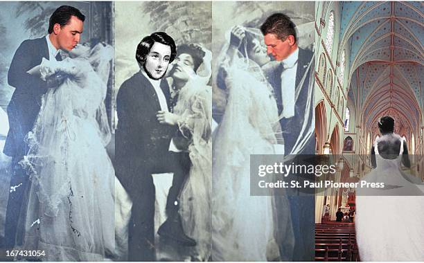 Col x 6 in / 246x152 mm / 837x518 pixels Ellen Simonson color photo illustration of kissing and embracing brides and grooms and a bride walking down...