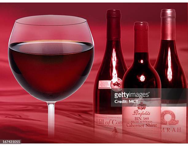 Col. X 5 inches/164x127 mm/558x432 pixels Kurt Strazdins color illustration of a glass of red wine and three bottles of wine.