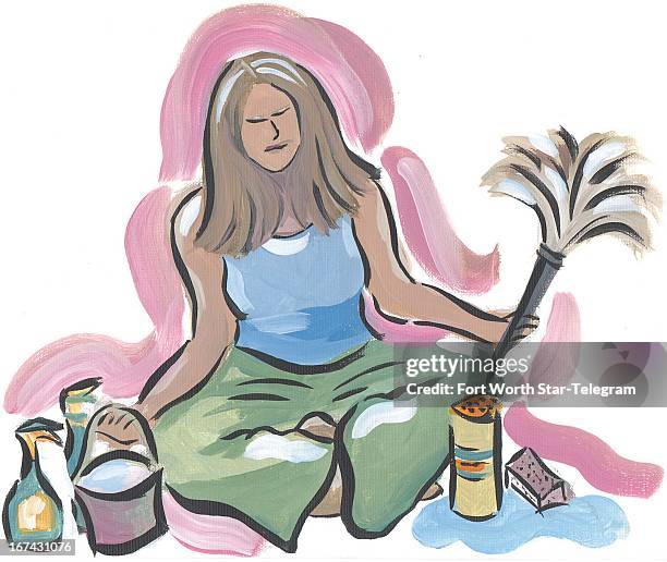 Col x 6.5 in / 196x165 mm / 667x562 pixels Jennifer Hart color illustration of a meditating woman with a feather duster and cleaning supplies around...