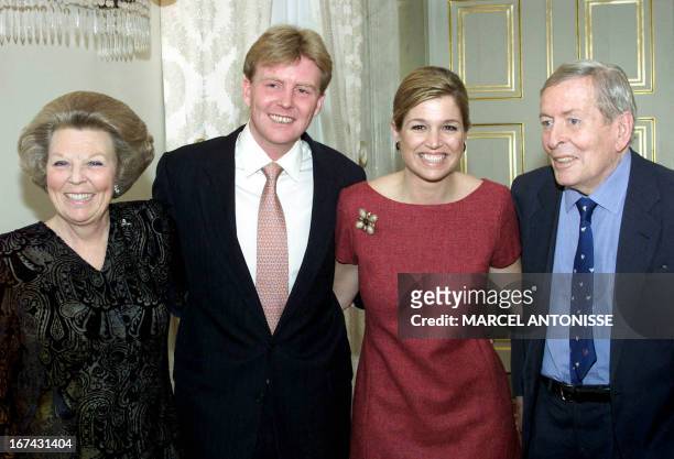 Dutch Queen Beatrix, Crownprince Willem Alexander, Maxima Zorregiueta and Prince Claus pose for photographers prior the announcement of the...