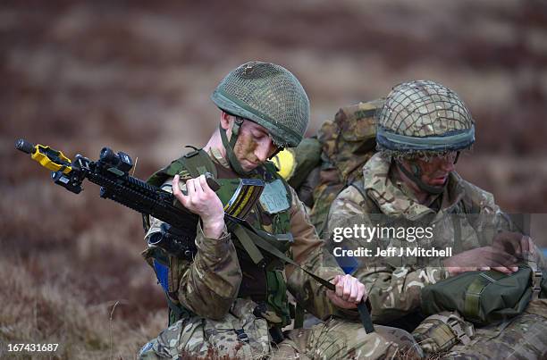 Soldiers participate in a British And French Airborne Forces joint exercise on April 25, 2013 in Stranraer, Scotland. Exercise 'Joint Warrior' sees...