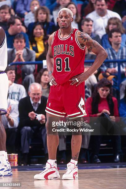 Dennis Rodman of the Chicago Bulls stands against the Sacramento Kings on February 1, 1996 at Arco Arena in Sacramento, California. NOTE TO USER:...
