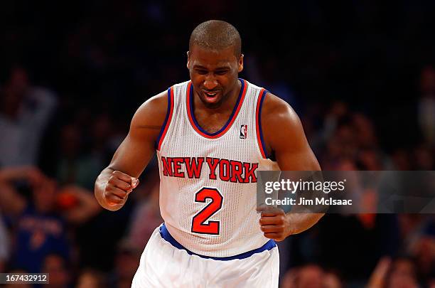 Raymond Felton of the New York Knicks reacts against the Boston Celtics during Game Two of the Eastern Conference Quarterfinals of the 2013 NBA...