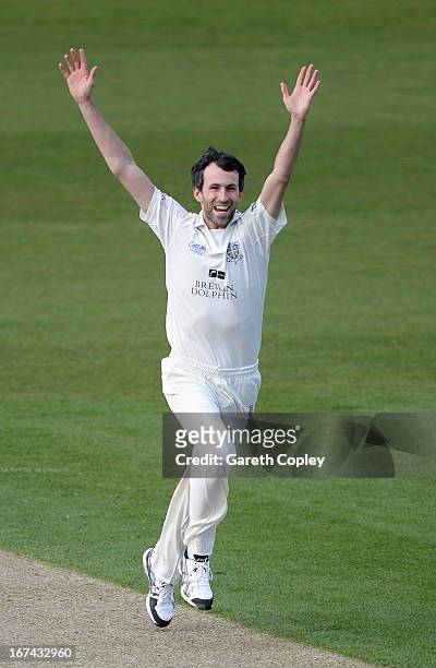 Graham Onions of Durham celebrates dismissing Gary Ballance of Yorkshire during day two of the LV County Championship division one match between...