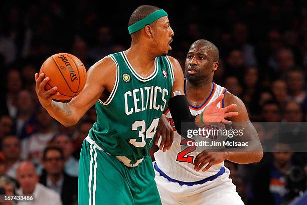 Paul Pierce of the Boston Celtics in action against Raymond Felton of the New York Knicks during Game Two of the Eastern Conference Quarterfinals of...
