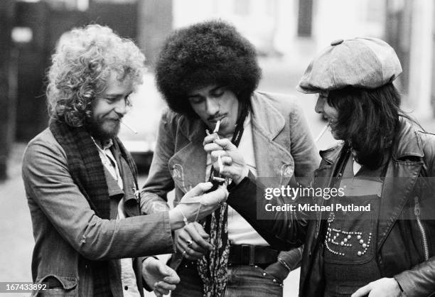 Irish rock group Thin Lizzy, 1st February 1973. Left to right: guitarist Eric Bell, bassist and singer Phil Lynott and drummer Brian Downey.