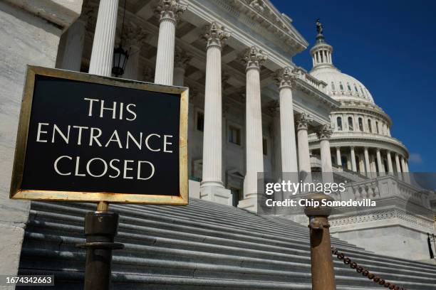 The entrance to the House of Representatives on the East Front Plaza of the U.S. Capitol remains closed on September 11, 2023 in Washington, DC. The...