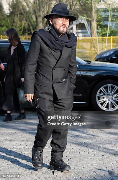 Designer Yohji Yamamoto arrives at a photocall prior his first fashion show 'Cutting Age' in Germany at St. Agnes Church on April 25, 2013 in Berlin,...