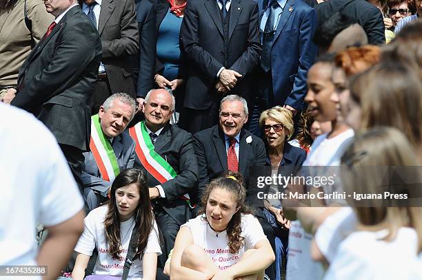 Pietro Grasso, President of the Senate of Italian Republic and wife Maria with Romano Franchi, Mayor of Marzabotto, as they attend a celebration of...