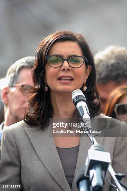 President of the Chamber of Deputies Laura Boldrini makes a speech in Duomo square during celebrations to mark the 68th Festa Della Liberazione on...