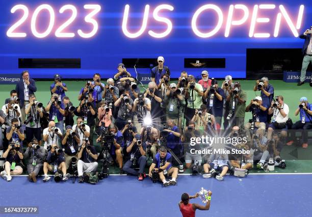 Coco Gauff of the United States celebrates after defeating Aryna Sabalenka of Belarus in their Women's Singles Final match on Day Thirteen of the...