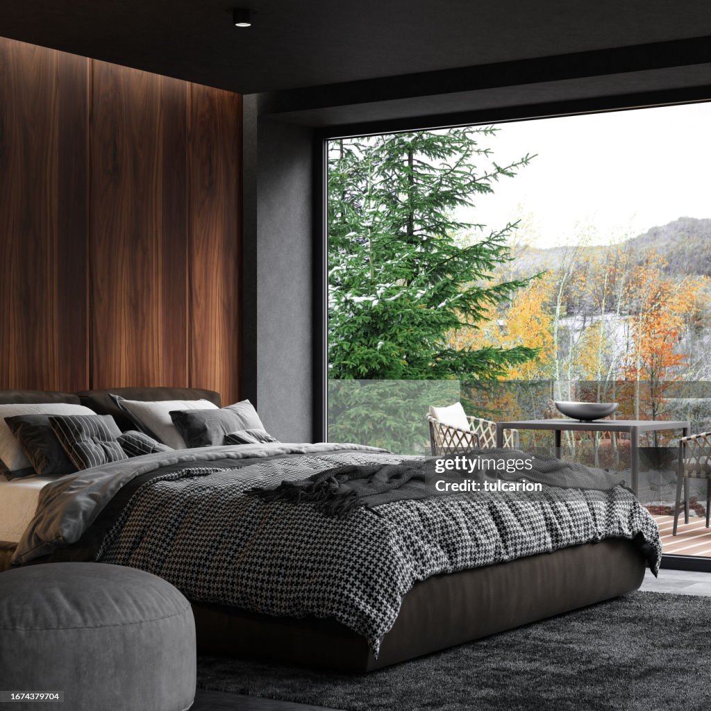 Luxurious apartment master bedroom interior with large window