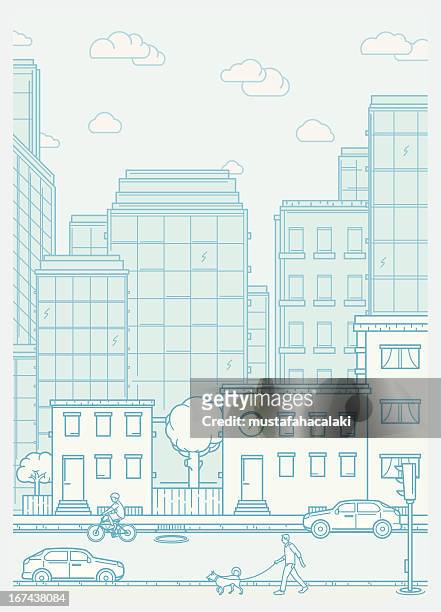 ilustrações, clipart, desenhos animados e ícones de paisagem urbana de cena com vizinhança e pessoas - expansão urbana