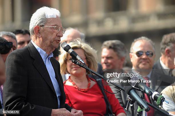 Carlo Smuraglia President of ANPI in Milan makes a speech in Duomo square during celebrations to mark the 68th Festa della Liberazione on April 25,...