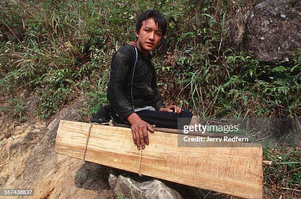 Hmong teen sits atop a slab of sandalwood weighing about 40 kilograms near San Mi Ti in northern Vietnam. Hmong men cut the trees in the Hoang Lien...