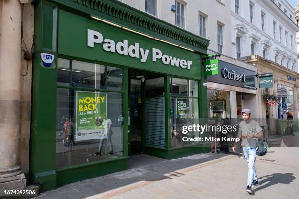 Paddy Power bookmakers along the High Street on 15th September 2023 in Cheltenham, United Kingdom. The high street is the centre of many English...