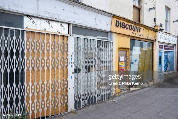 Closed down retail space along the High Street on 15th September 2023 in Cheltenham, United Kingdom. Things have been difficult for businesses over...