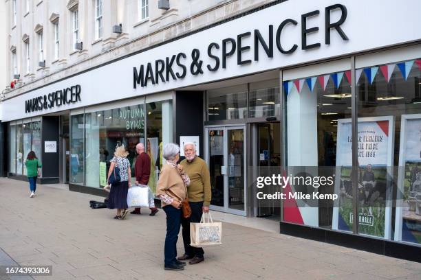 Marks & Spencer along the High Street on 15th September 2023 in Cheltenham, United Kingdom. The high street is the centre of many English towns and...