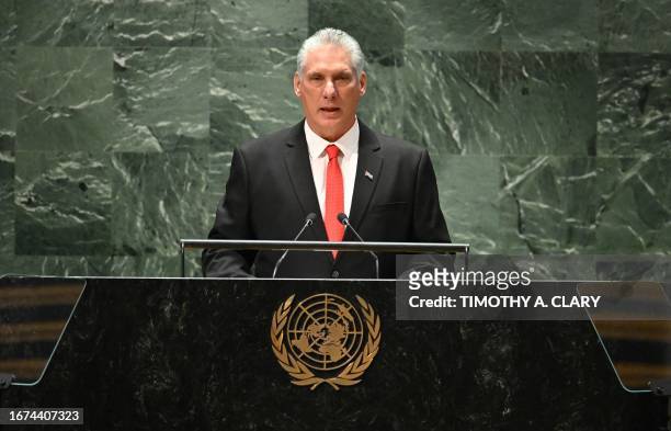 Cuban President Miguel Díaz-Canel speaks at the opening session of the second Sustainable Development Goals Summit on September 18, 2023 ahead of the...
