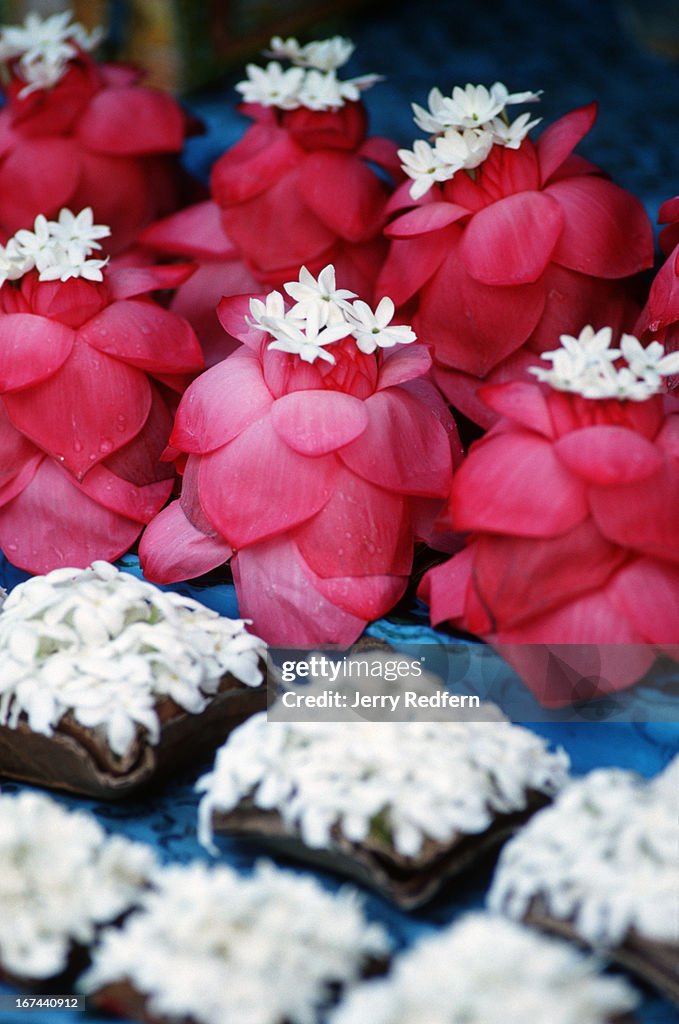 Flower offerings for sale are lined up at a stall in front...