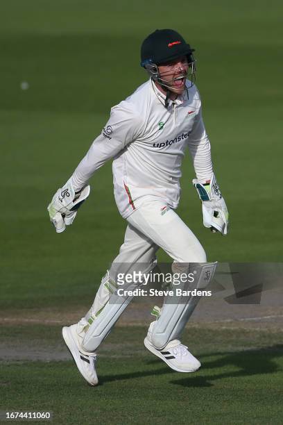 Ben Cox of Leicestershire celebrates after stumping Oli Carter of Sussex during the LV= Insurance County Championship Division 2 match between Sussex...