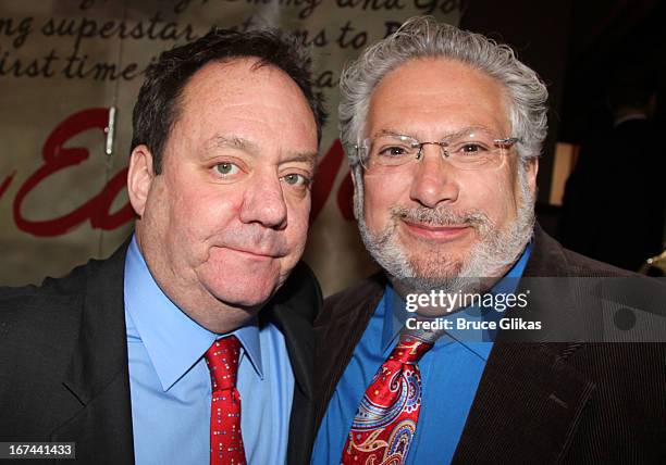 Jimmy Nederlander and Harvey Fierstein attend the "I'll Eat You Last: A Chat With Sue Mengers" Broadway opening night at The Booth Theater on April...