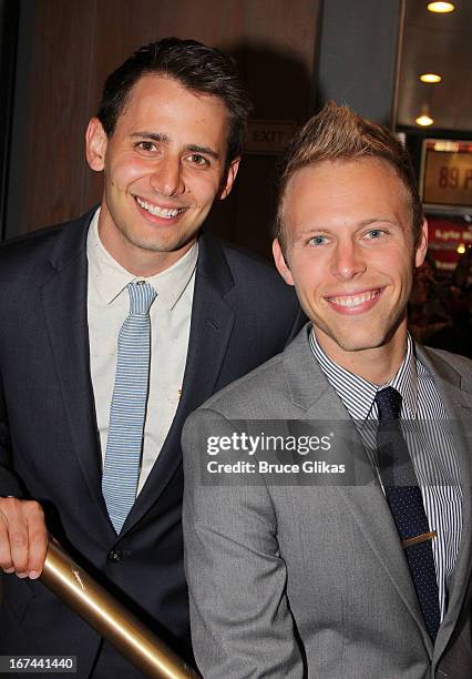 Benj Pasek and Justin Paul attend the "I'll Eat You Last: A Chat With Sue Mengers" Broadway opening night at The Booth Theater on April 24, 2013 in...