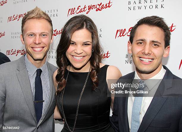 Justin Paul, Lindsay Mendez and Benj Pasek attend the "I'll Eat You Last: A Chat With Sue Mengers" Broadway opening night at The Booth Theater on...
