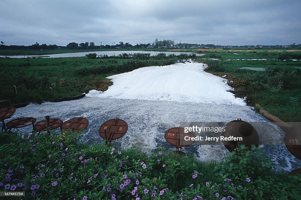 Barely treated sewage pours from a sewage canal into...