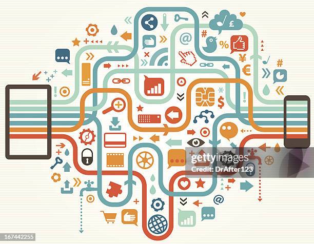 pc tablet and mobile telephone connected online - mouse pointer stock illustrations