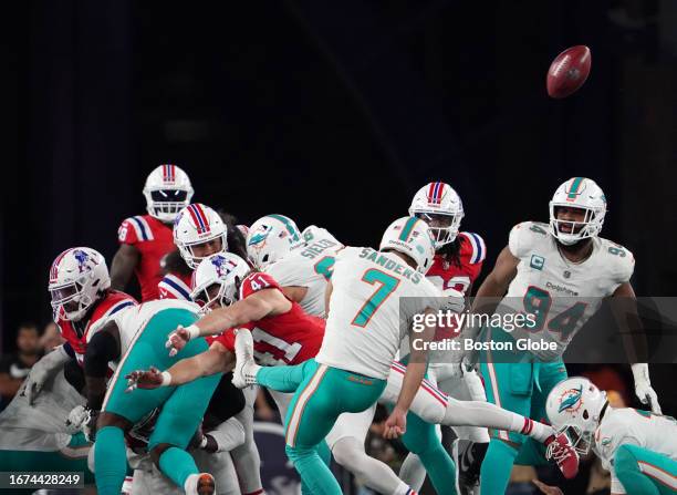 Foxborough, MA New England Patriots S Brenden Schooler blocks a field goal attempt by Miami Dolphins K Jason Sanders in the second half. The Patriots...