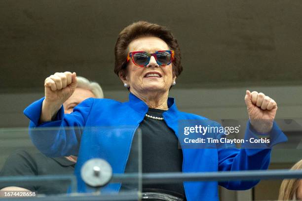 September 10: Billy Jean King reacts as she is introduced to the spectators at the Men's Singles Final on Arthur Ashe Stadium during the US Open...