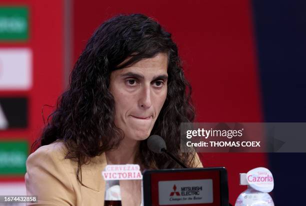 New coach of Spain's female football team Montse Tome looks on during a press conference at the Ciudad del Futbol training facilities in Las Rozas de...