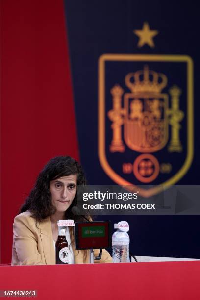 New coach of Spain's female football team Montse Tome talks during a press conference at the Ciudad del Futbol training facilities in Las Rozas de...