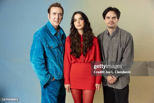 Actors Nicolas Cage, Dylan Gelula and director Kristoffer Borgli of 'Dream Scenario' are photographed for Los Angeles on September 9, 2023 at the...