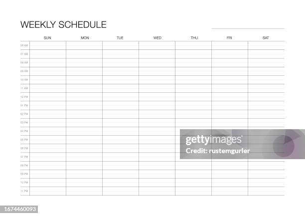 a4 paper size hourly weekly schedule - sunday start - agenda template stock illustrations