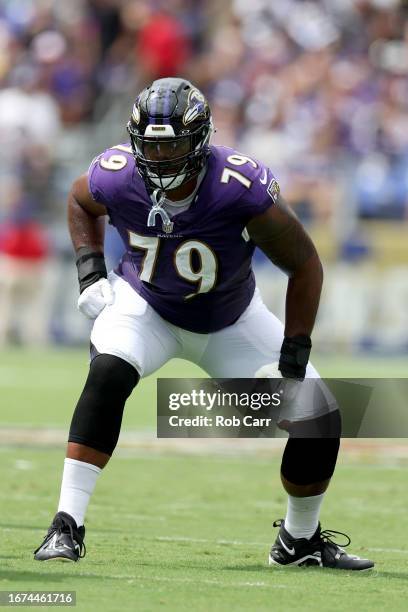 Ronnie Stanley of the Baltimore Ravens lines up against the Houston Texans defense at M&T Bank Stadium on September 10, 2023 in Baltimore, Maryland.