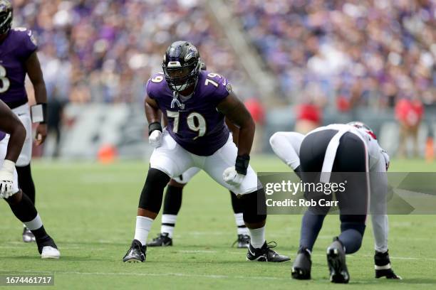 Ronnie Stanley of the Baltimore Ravens lines up against the Houston Texans defense at M&T Bank Stadium on September 10, 2023 in Baltimore, Maryland.