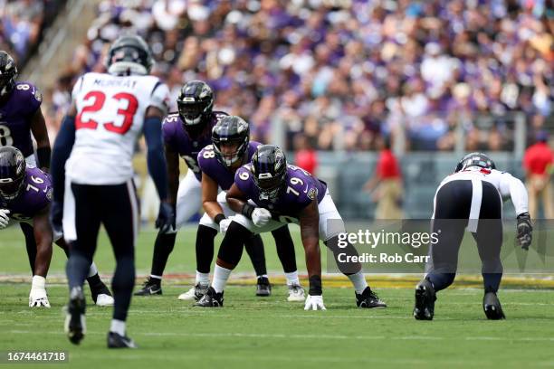 Ronnie Stanley of the Baltimore Ravens lines up against the Houston Texans defense at M&T Bank Stadium on September 10, 2023 in Baltimore, Maryland.