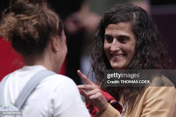 New coach of Spain's female football team Montse Tome gestures following a press conference at the Ciudad del Futbol training facilities in Las Rozas...