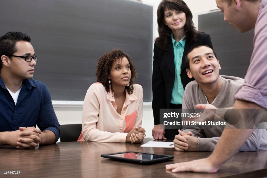 Students talking in classroom