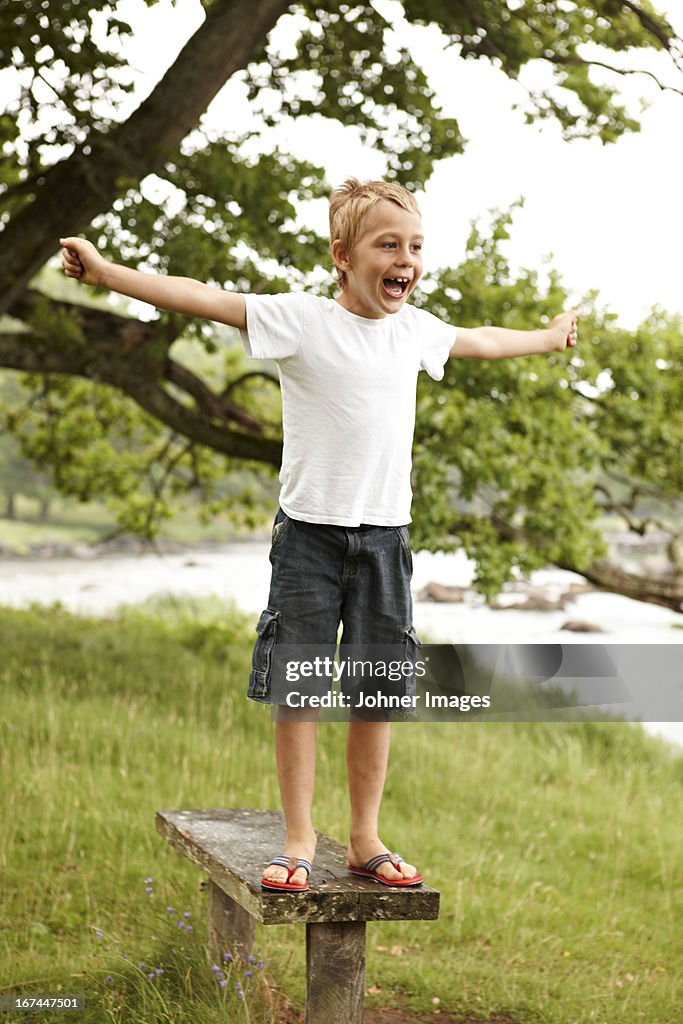 Boy standing on bench