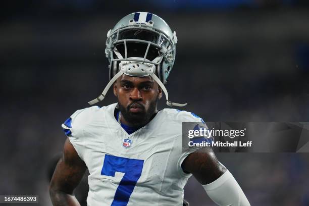 Trevon Diggs of the Dallas Cowboys looks on against the New York Giants at MetLife Stadium on September 10, 2023 in East Rutherford, New Jersey.