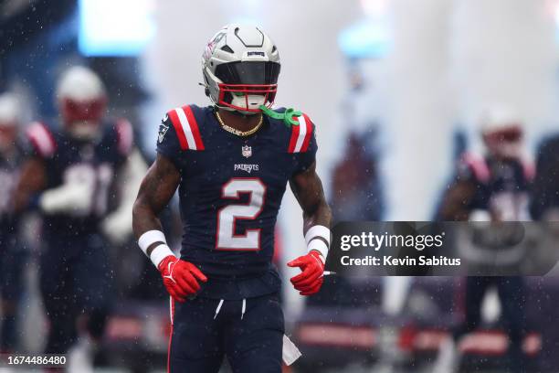 Jalen Mills of the New England Patriots runs onto the field prior to an NFL football game against the Philadelphia Eagles at Gillette Stadium on...
