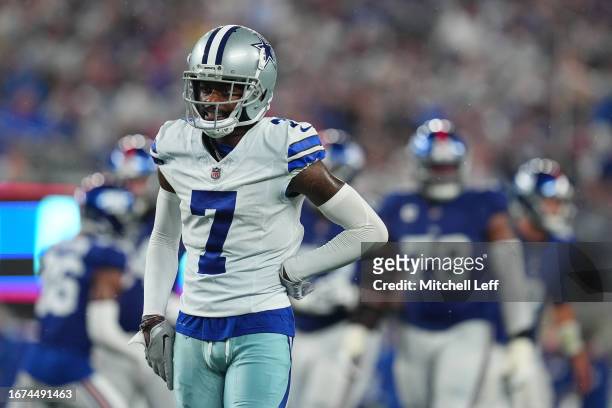 Trevon Diggs of the Dallas Cowboys looks on against the New York Giants at MetLife Stadium on September 10, 2023 in East Rutherford, New Jersey.