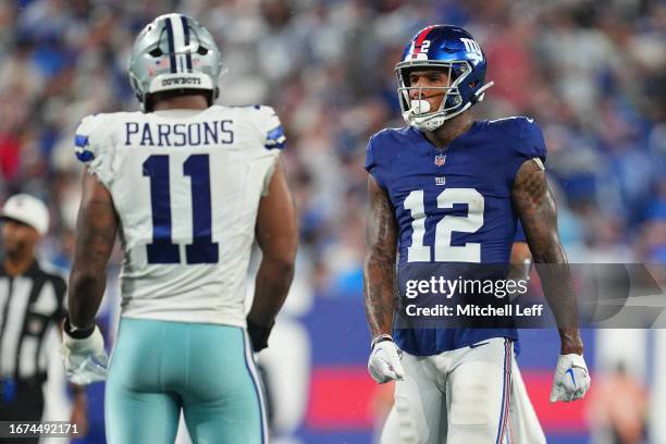 Darren Waller of the New York Giants looks on against Micah Parsons of the Dallas Cowboys at MetLife Stadium on September 10, 2023 in East...