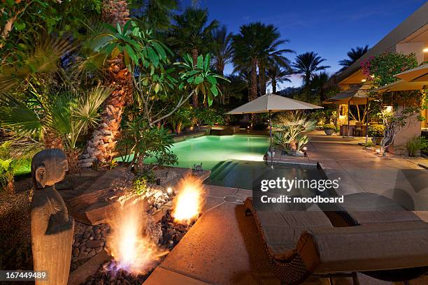 luxury villa at night time - expensive statue stock-fotos und bilder