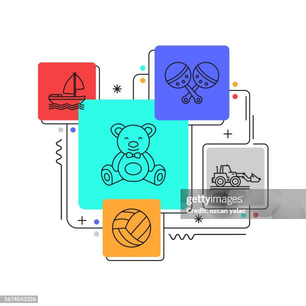 baby toy related vector banner design concept. global multi-sphere ready-to-use template. web banner, website header, magazine, mobile application etc. modern design. - plastic block stock illustrations
