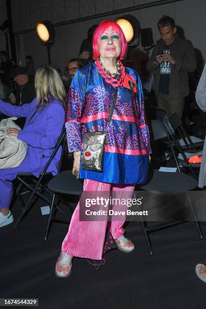 Dame Zandra Rhodes attends the Ashish show during London Fashion Week September 2023 at Nobu Hotel on September 18, 2023 in London, England.